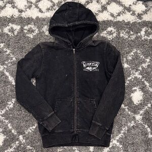 Affliction Charcoal Black Women’s Distressed Faded Zip-Up Hoodie